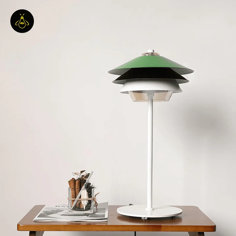 Green Overlay Table Lamp – Layered 54 cm Glass Diffuser Light 2 Green overlay table lamp on a wooden table with slim white stem and round base