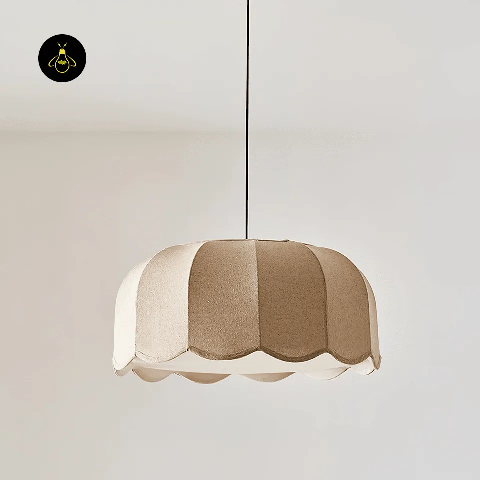 Fabric Pendant Light – Scalloped Beige Linen Shade, 45 cm 2 Scalloped fabric pendant light in natural beige for a living room