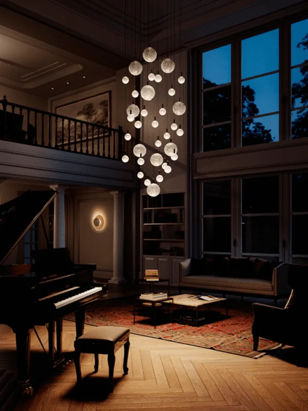 Glass sphere chandelier glowing warm white over a grand piano in a double-height living room