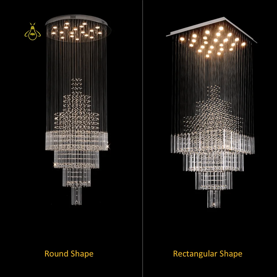 Raindrop Crystal Chandelier – Multi-Tier K9 Cascade for Staircase & Foyer 6 Raindrop crystal chandelier shown in round and rectangular shapes for staircase and foyer