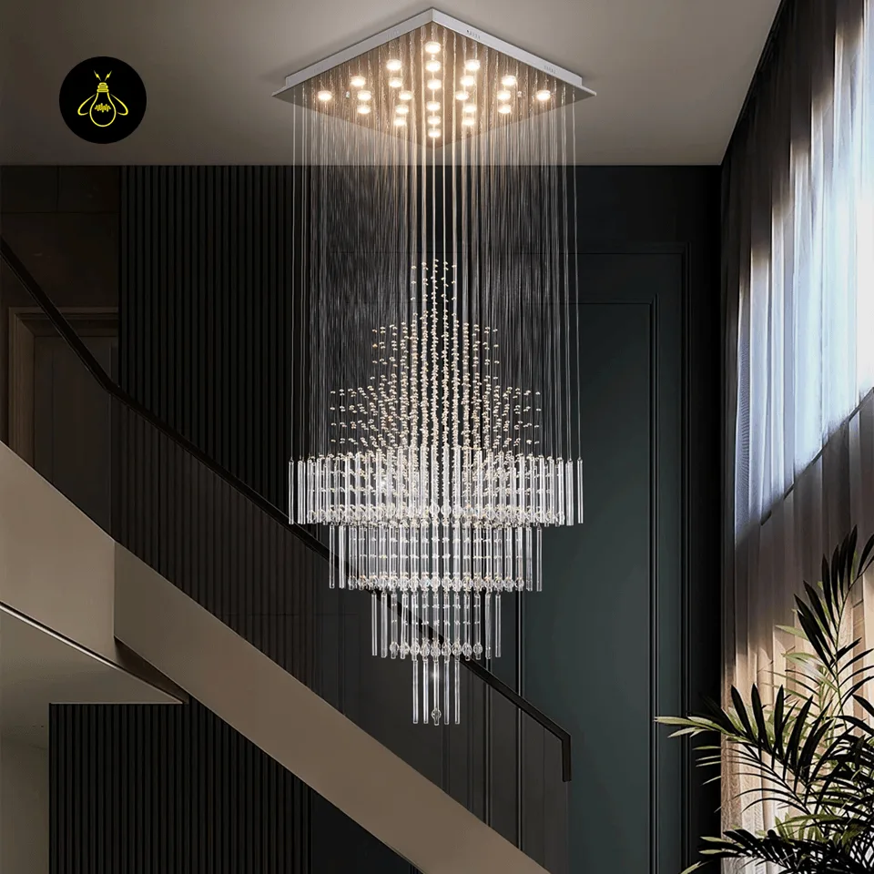 Raindrop Crystal Chandelier – Multi-Tier K9 Cascade for Staircase & Foyer 8 Multi-tier raindrop crystal chandelier over a staircase entryway with warm-white light