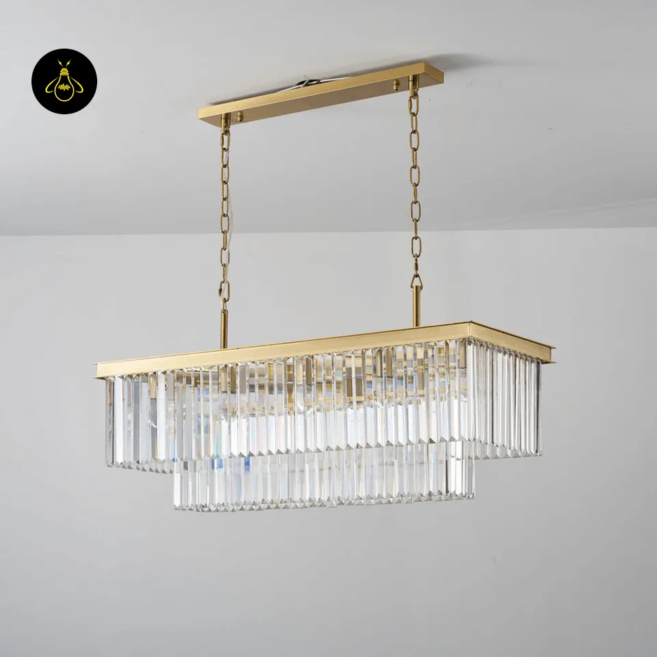 Rectangular Crystal Chandelier – Satin Gold 2-Tier Eternal Shine 22 Crystal chandelier in satin gold lighting a grand entrance