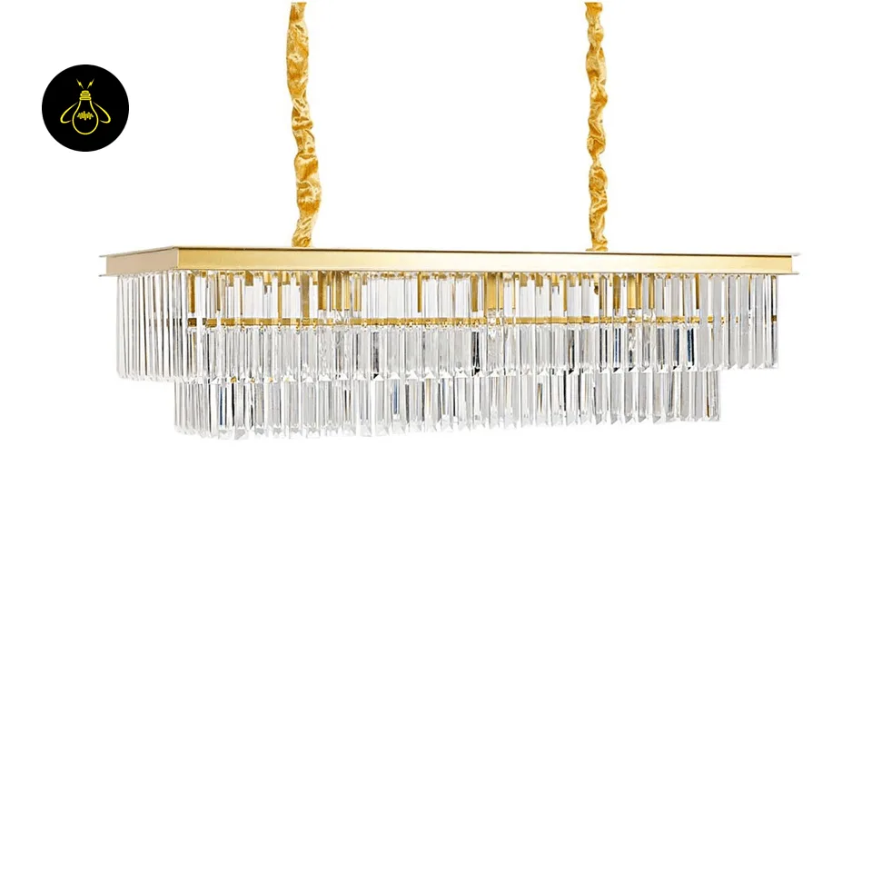 Rectangular Crystal Chandelier – Satin Gold 2-Tier Eternal Shine 24 Satin gold crystal chandelier in a contemporary living space