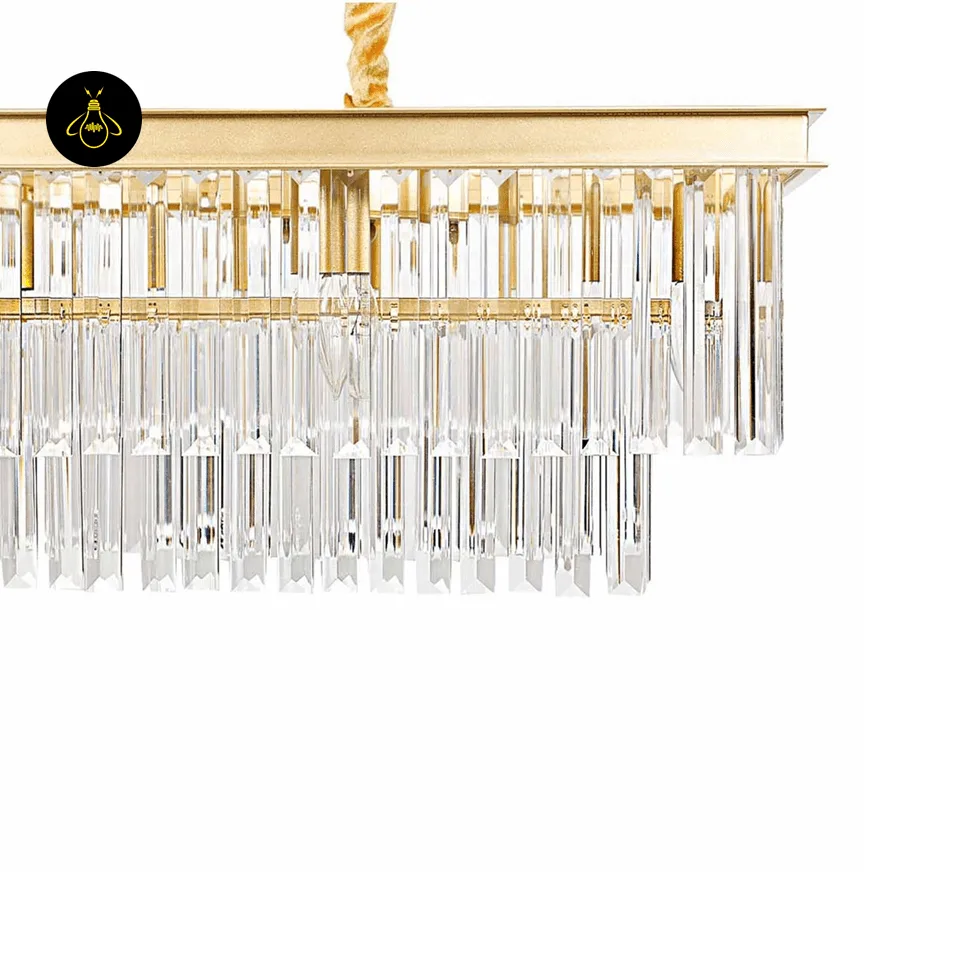 Rectangular Crystal Chandelier – Satin Gold 2-Tier Eternal Shine 25 Rectangular crystal chandelier with warm G9 bulbs glowing through clear crystal