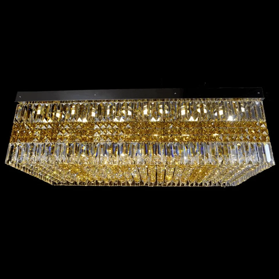 Crystal Ceiling Light – Rectangular Tiered Crystal Flush Mount, Gold or Black 1 Rectangular crystal ceiling light in gold over a dining room — tiered clear and amber crystal flush mount