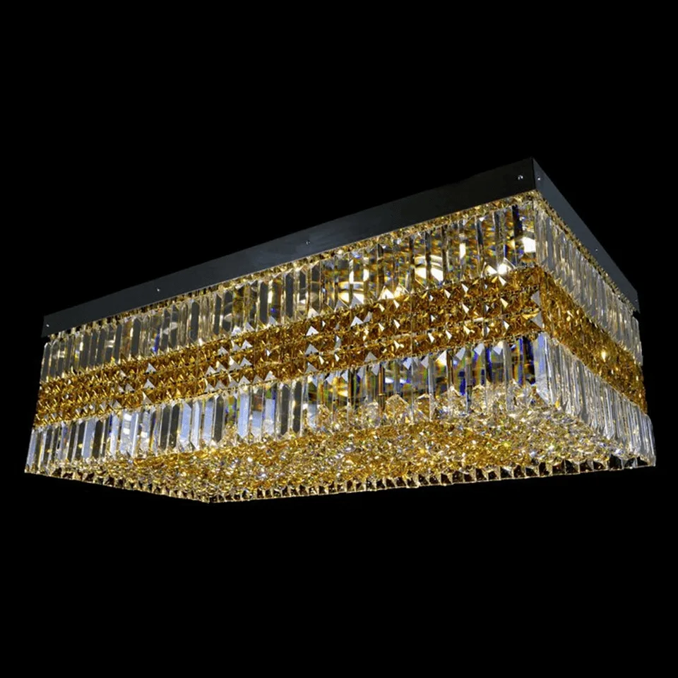Crystal Ceiling Light – Rectangular Tiered Crystal Flush Mount, Gold or Black 5 Crystal ceiling light for living room — rectangular tiered gold crystal flush mount glowing warm white