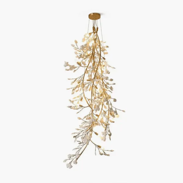 Ceramic leaf chandelier with white ginkgo leaves and brass branches for a high-ceiling foyer