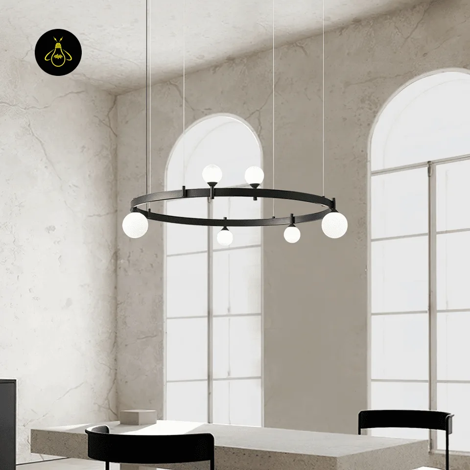 Modern Glass Chandelier – 6-Globe Black Ring, 82 cm Diameter 6 Modern glass chandelier with black ring and opal glass globes as a statement light in a dining room