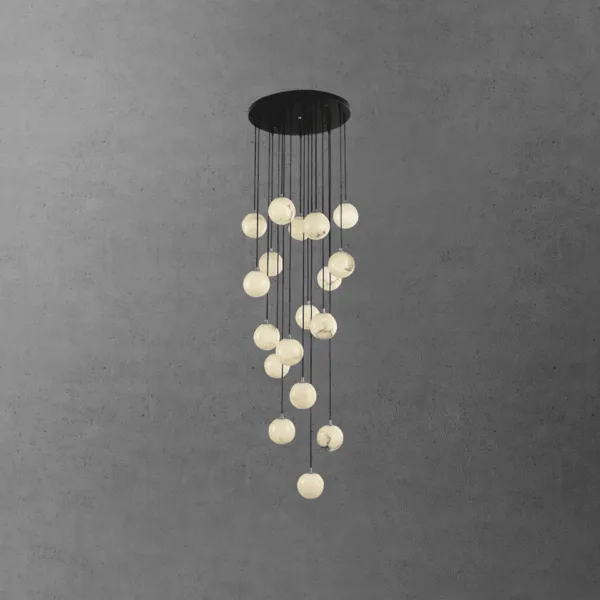 Modern alabaster ball chandelier with 18 cascading stone orbs on slim black cables