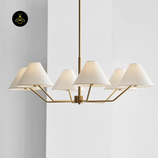 Brass 6-light modern fabric chandelier with white empire shades in a modern room