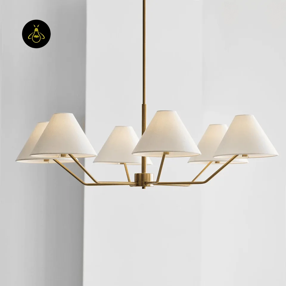 Modern Fabric Chandelier – 6-Light Brass with White Shades, 96 cm 2 Brass 6-light modern fabric chandelier with white empire shades in a modern room