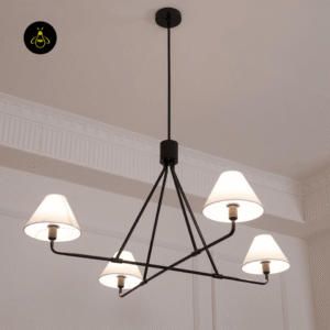 Four-light white fabric chandelier with black frame in a modern living room