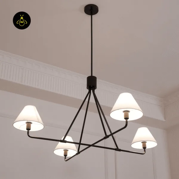 Four-light white fabric chandelier with black frame in a modern living room