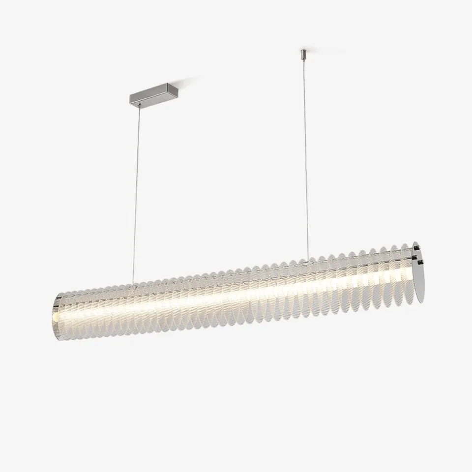 Linear LED chandelier in chrome with stacked acrylic discs for a modern dining room