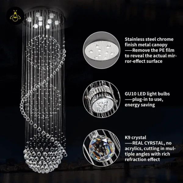 Spiral crystal chandelier detail showing real K9 crystal, GU10 LED bulbs and chrome mirror canopy with warm light