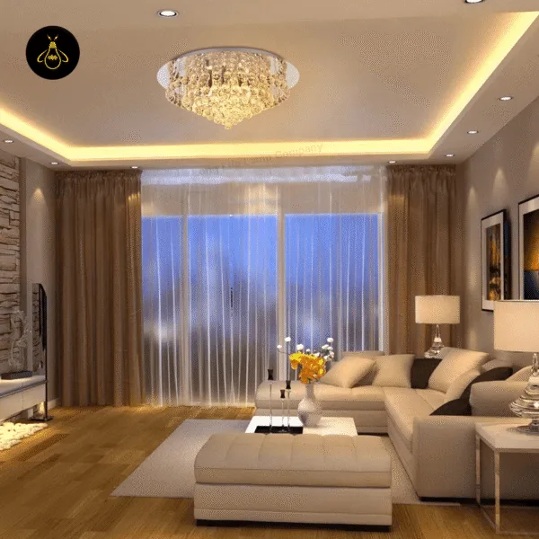K9 crystal raindrop chandelier with warm-white light bulbs