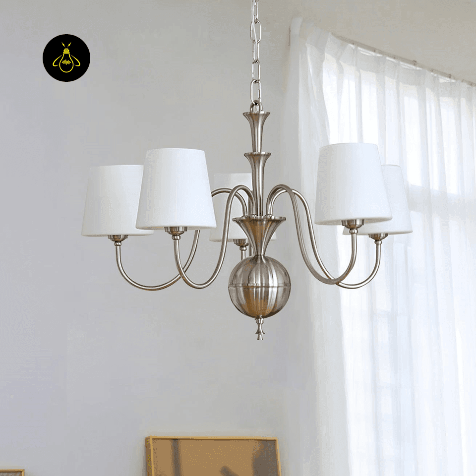 White Fabric Chandelier – 5-Light Shabby Chic Pendant, 60 cm 8 White fabric chandelier as a soft centrepiece in a bedroom