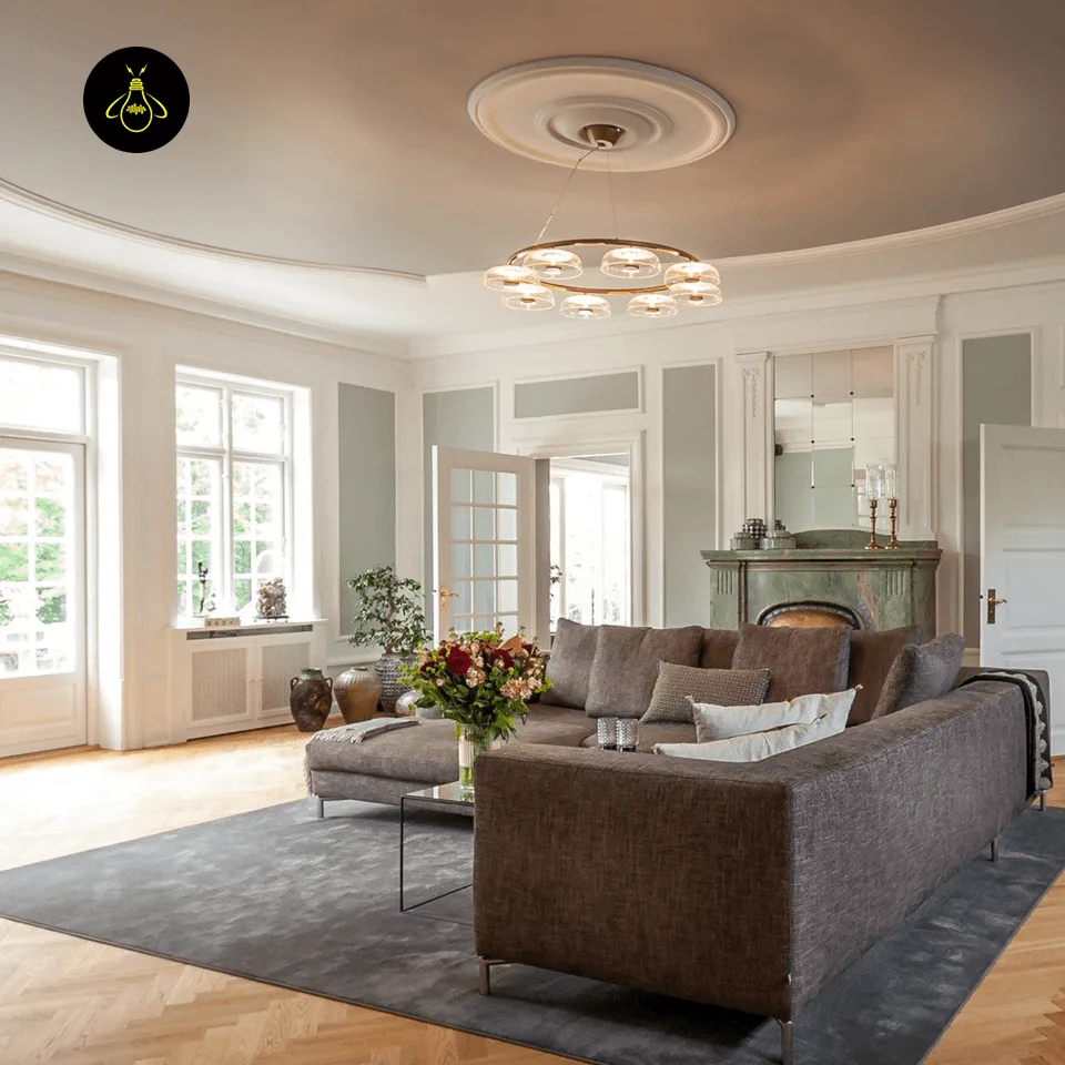 Glass Dome Chandelier – 8-Light Brass LED Ring, 100 cm 7 Glass dome chandelier installed in a bedroom with standard ceiling