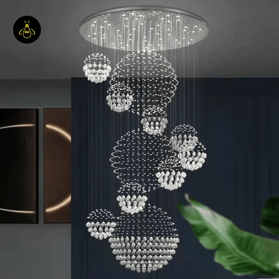 Spiral Raindrop Chandelier – Luxury Crystal Staircase & Foyer Light 2 Spiral raindrop crystal chandelier installed in a double-height staircase