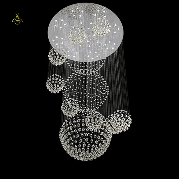 Spiral crystal chandelier lighting a double-height foyer entrance
