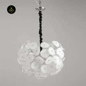 White petal chandelier with height-adjustable rod and chrome ceiling canopy