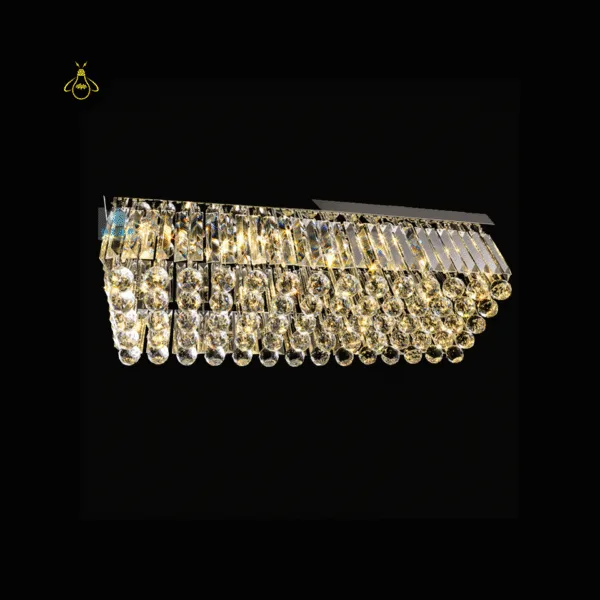 Raindrop crystal flush mount chandelier lit with warm light bulbs