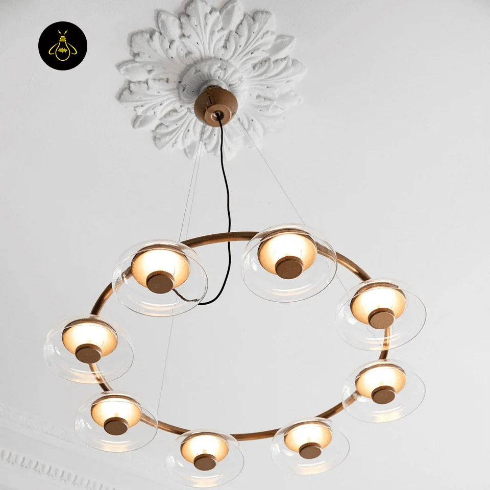 Glass Dome Chandelier – 8-Light Brass LED Ring, 100 cm 6 Adjustable hanging cable of the brass glass dome chandelier