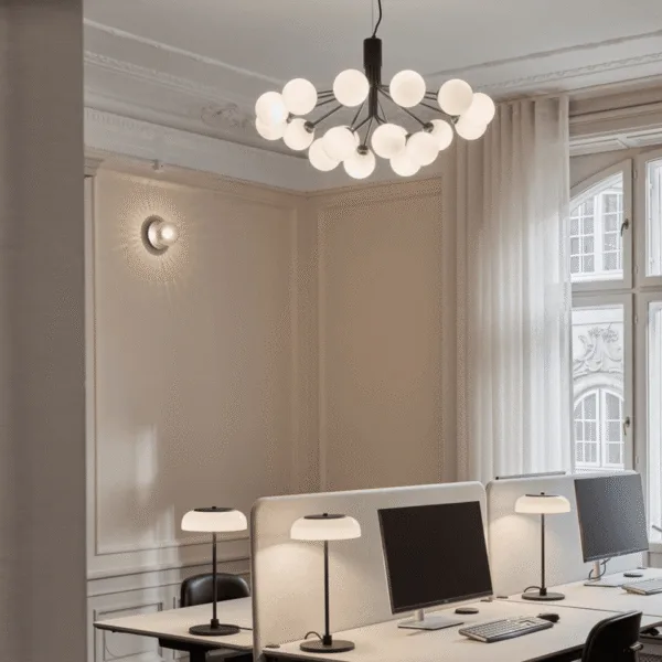 Glass globe chandelier on an adjustable cable casting warm glare-free light over a desk