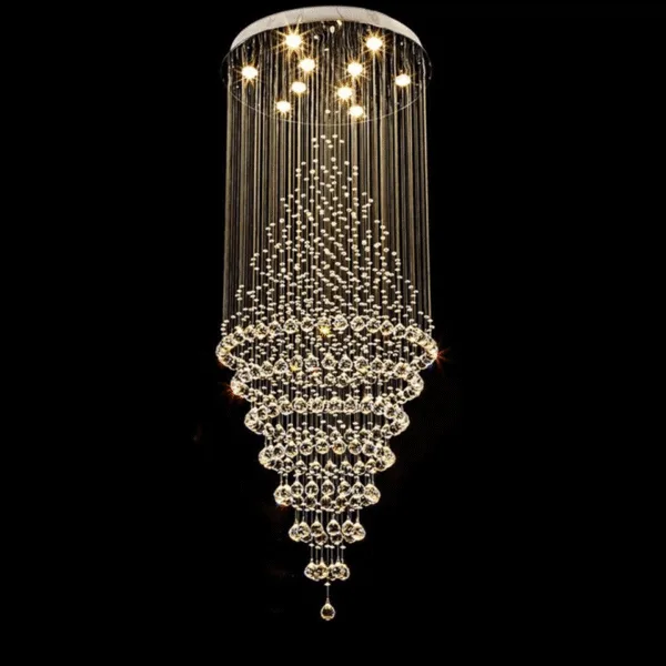 Tiered K9 crystal raindrop chandelier structure for a double-height foyer