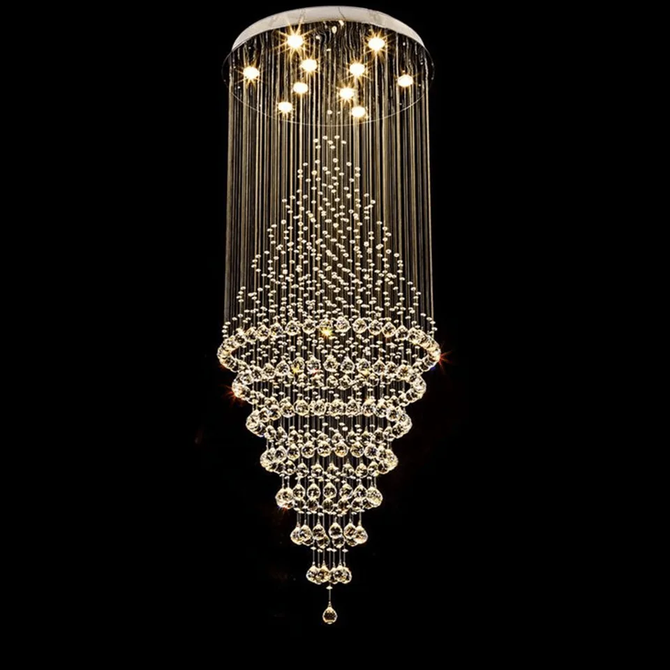 Long Crystal Chandelier – K9 Raindrop Funnel for Staircase & Foyer, 6 Sizes 2 Tiered K9 crystal raindrop chandelier structure for a double-height foyer