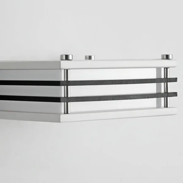 Wall sconces for bedroom: side view of the white Toast switched off, black rails and stainless steel posts