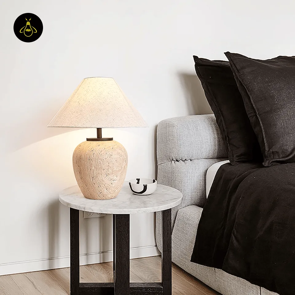 Travertine Finish Table Lamp with Fabric Shade – Hand-Polished Coating on Ceramic, 56 cm 4 Travertine table lamp in a bedroom setting