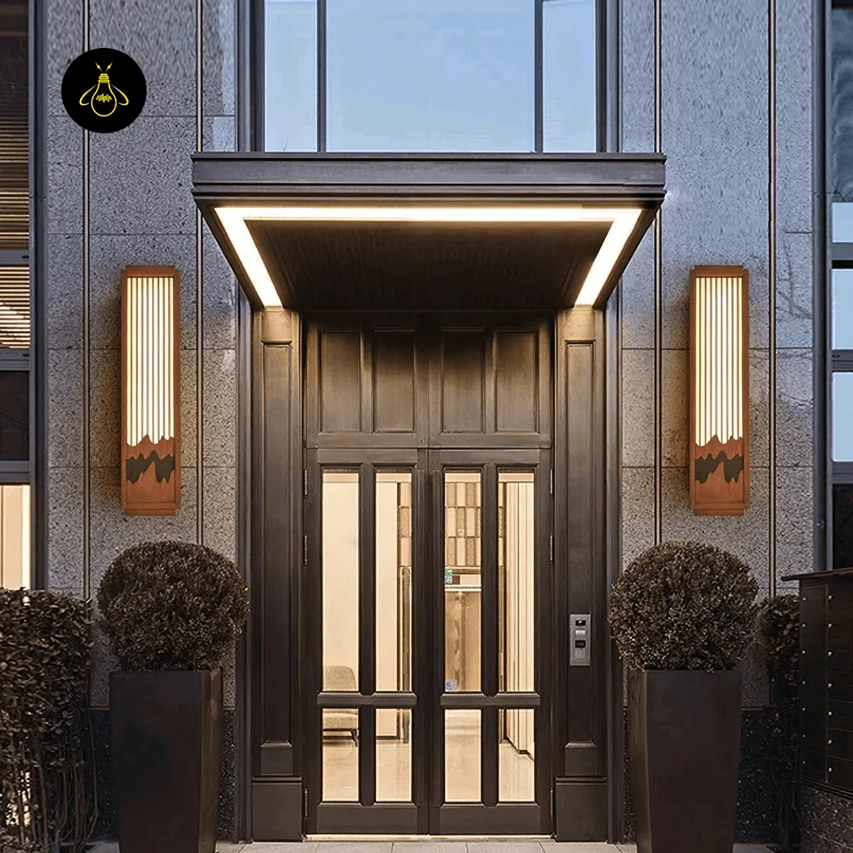 Garden Wall Lights - Premium 75 cm Alabaster Outdoor Sconce 10 Pair of garden wall lights with warm vertical glow framing an exterior entrance