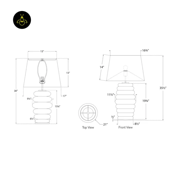 Stacked ceramic table lamp dimensions showing 35.5 inch overall height and linen shade size