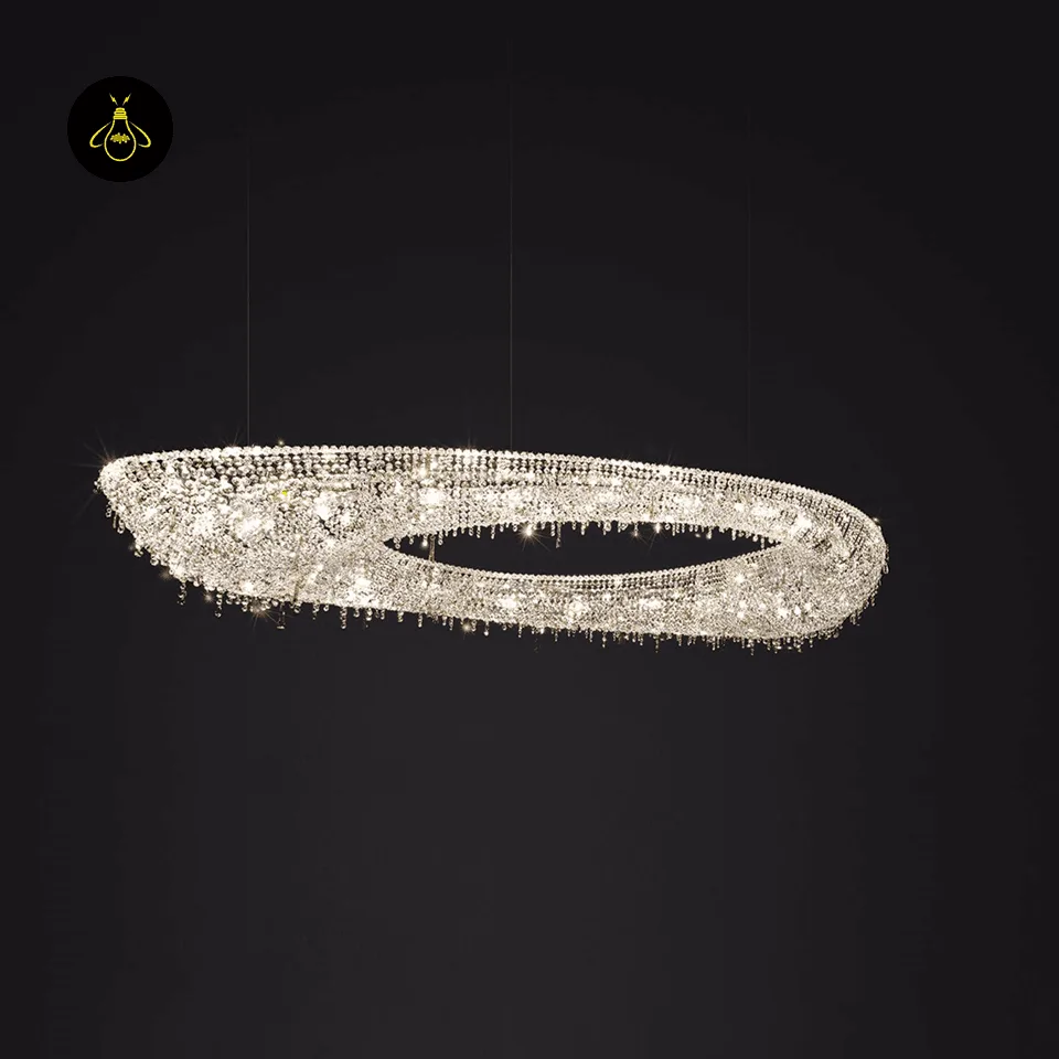Linear Crystal Chandelier – 165 cm K9 Crystal, Chrome Finish, for Dining Room 2 Linear crystal chandelier glowing warm over a dining room with sparkling clear crystal light