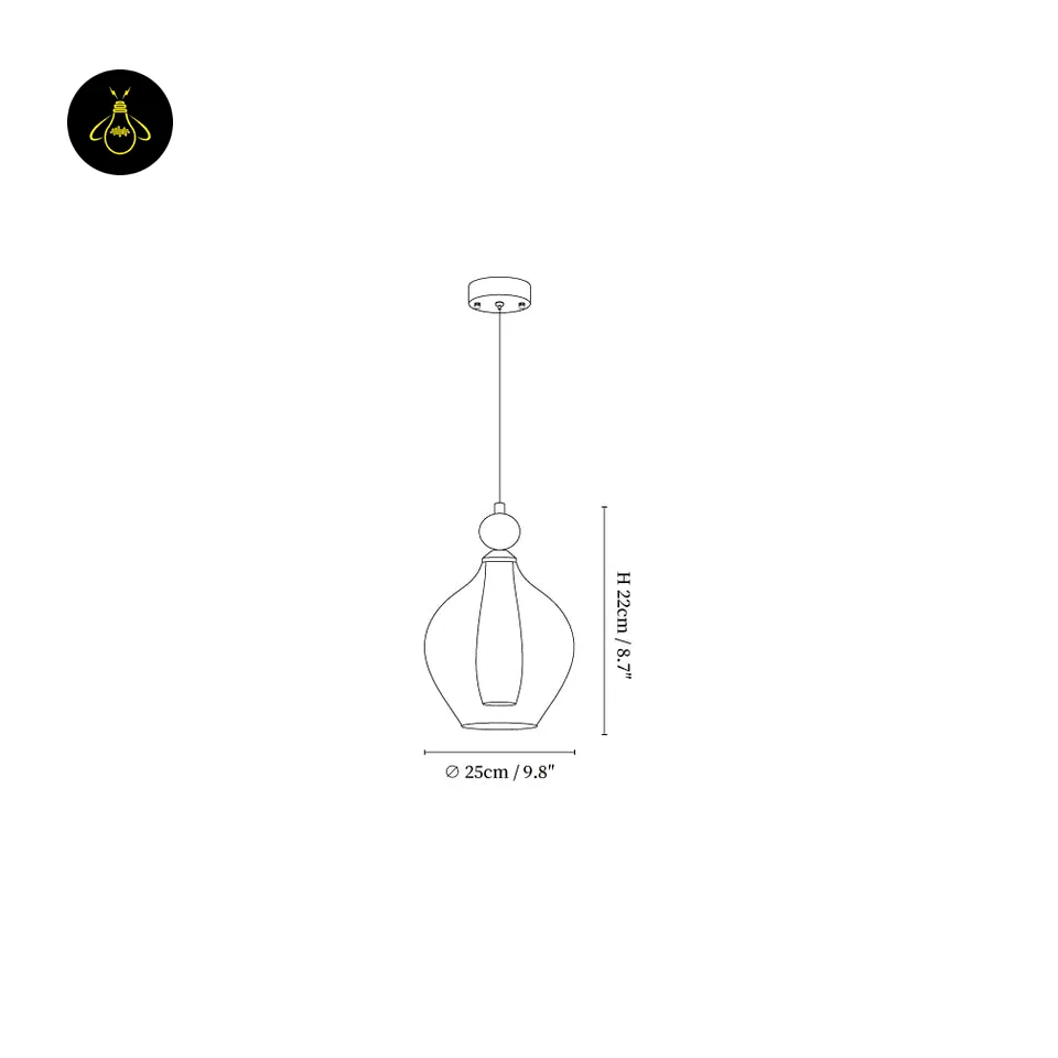 Smoked glass teardrop pendant light dimensions diagram, diameter 25 cm by height 22 cm