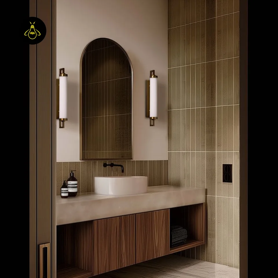 Fluted Glass Vanity Light – Satin Brass Tube Sconce, 45 cm 4 Pair of fluted glass vanity lights in satin brass flanking an arched bathroom mirror over a vanity