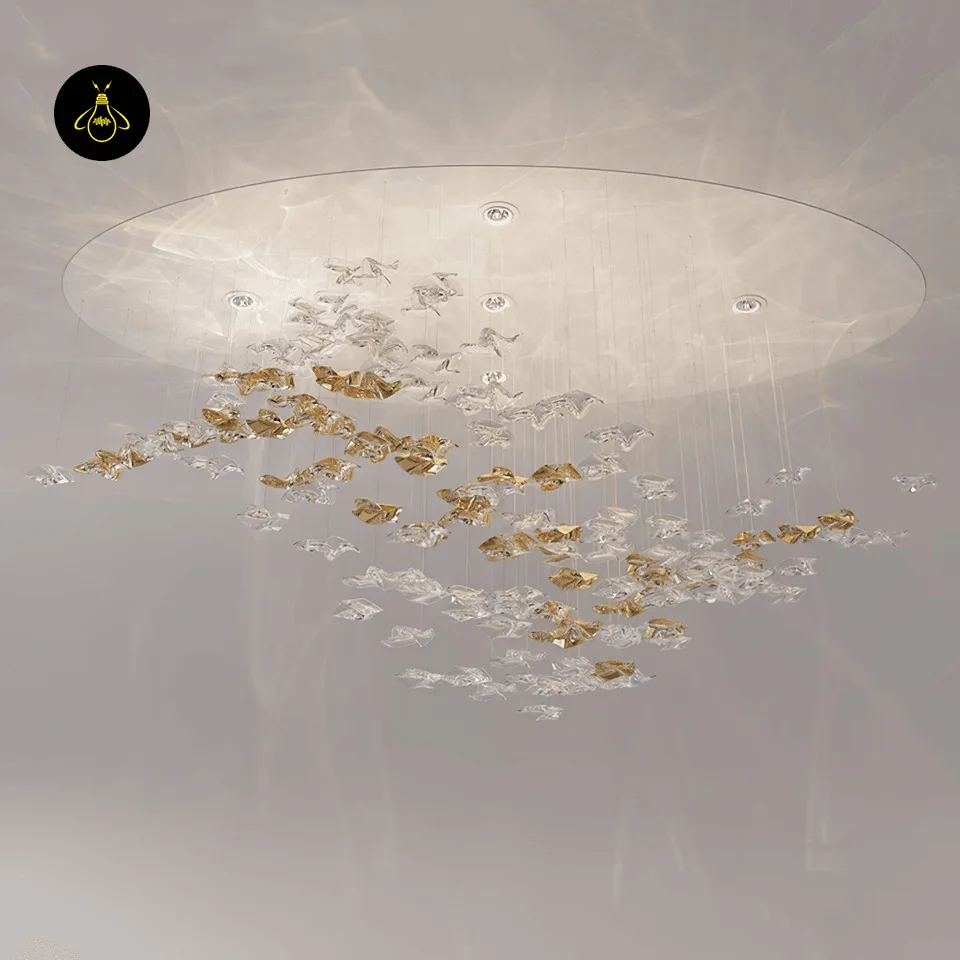Wave Chandelier with 69 Cascading Glass Leaves – Ø75 cm Integrated LED, for Living & Dining Rooms 2 Wave chandelier glowing with warm integrated LED, casting water-like light across the ceiling