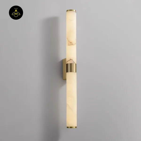 Alabaster wall light glowing 3000K warm white, light spilling up and down the wall