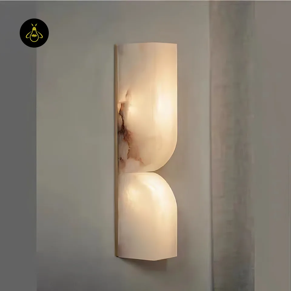 Alabaster Up and Down Wall Light – Carved Natural-Stone Sconce, 35 cm 2 Alabaster up and down wall light glowing warm 3000K, soft light washing up and down the stone
