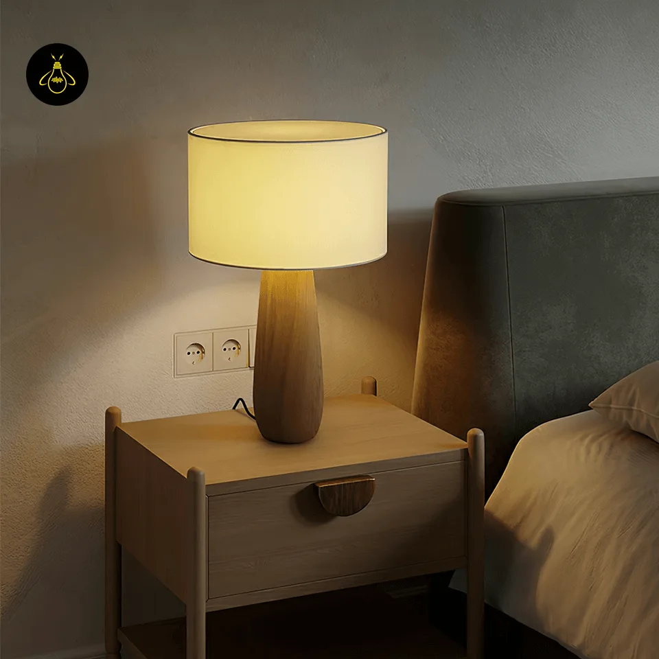 Wooden Table Lamp with Linen Shade – Sierra 50 cm Bedside Lamp 6 Warm ambient glow from a wooden table lamp with linen shade