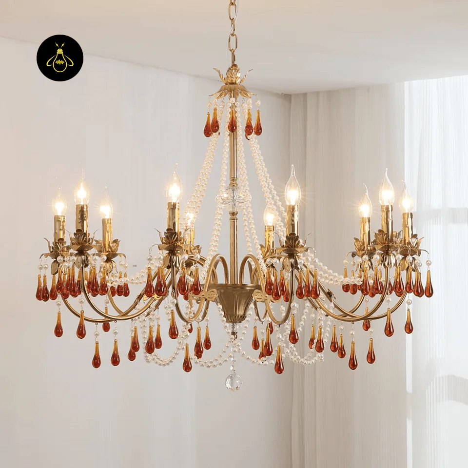 Amber Crystal Chandelier – Gold 80 cm Candelabra Centrepiece 8 Lit amber crystal chandelier with warm candle bulbs and amber drops for a dining room