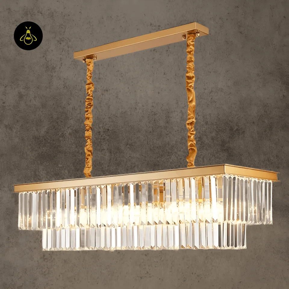 Rectangular Crystal Chandelier – Satin Gold 2-Tier Eternal Shine 26 Warm lighting effect of the satin gold Eternal Shine crystal chandelier