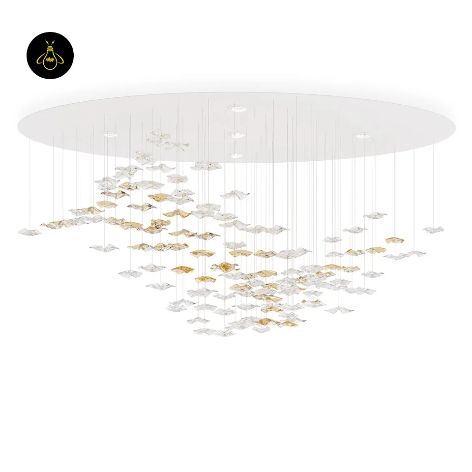 Wave Chandelier with 69 Cascading Glass Leaves – Ø75 cm Integrated LED, for Living & Dining Rooms 4 Wave chandelier white round canopy with integrated LED spots above the glass cascade