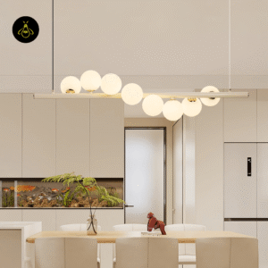 White opal glass globes and creamy yellow finish of the linear wave chandelier