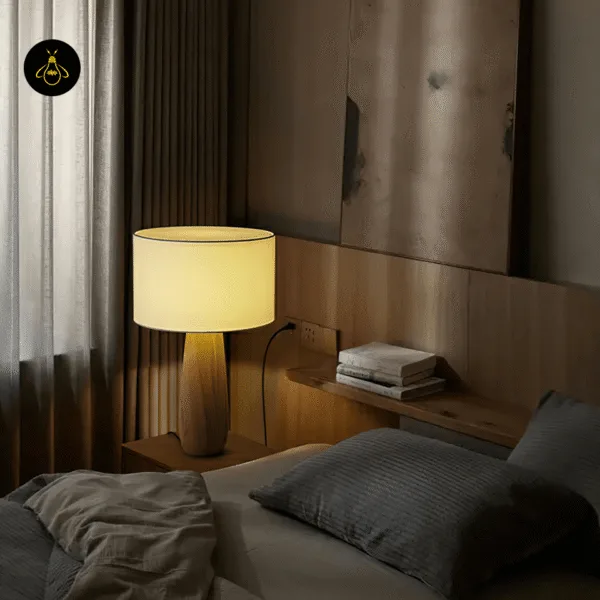 Wooden table lamp with linen shade casting soft light on a bedside table