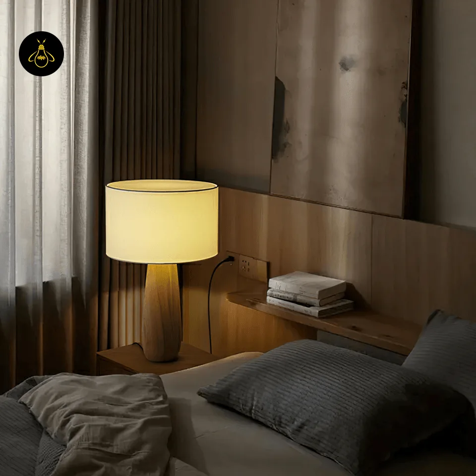 Wooden Table Lamp with Linen Shade – Sierra 50 cm Bedside Lamp 7 Wooden table lamp with linen shade casting soft light on a bedside table