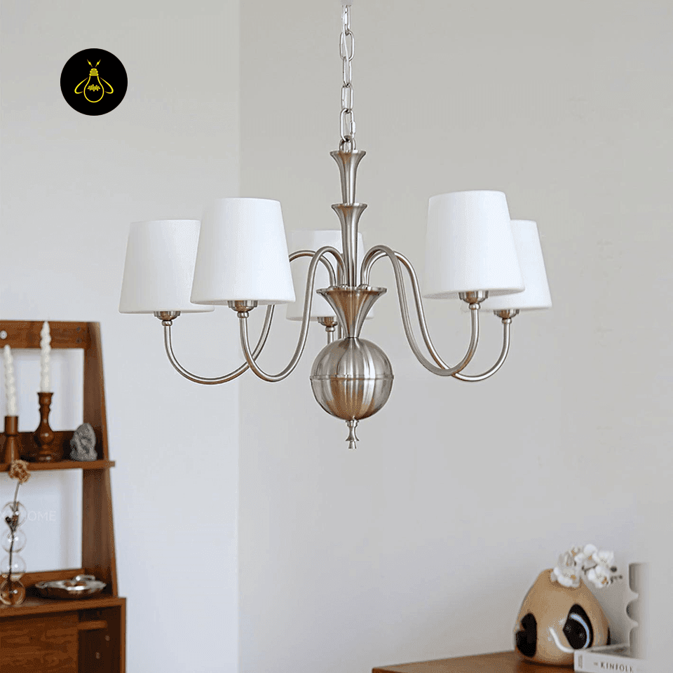 White Fabric Chandelier – 5-Light Shabby Chic Pendant, 60 cm 9 White empire fabric shade detail of the shabby-chic chandelier