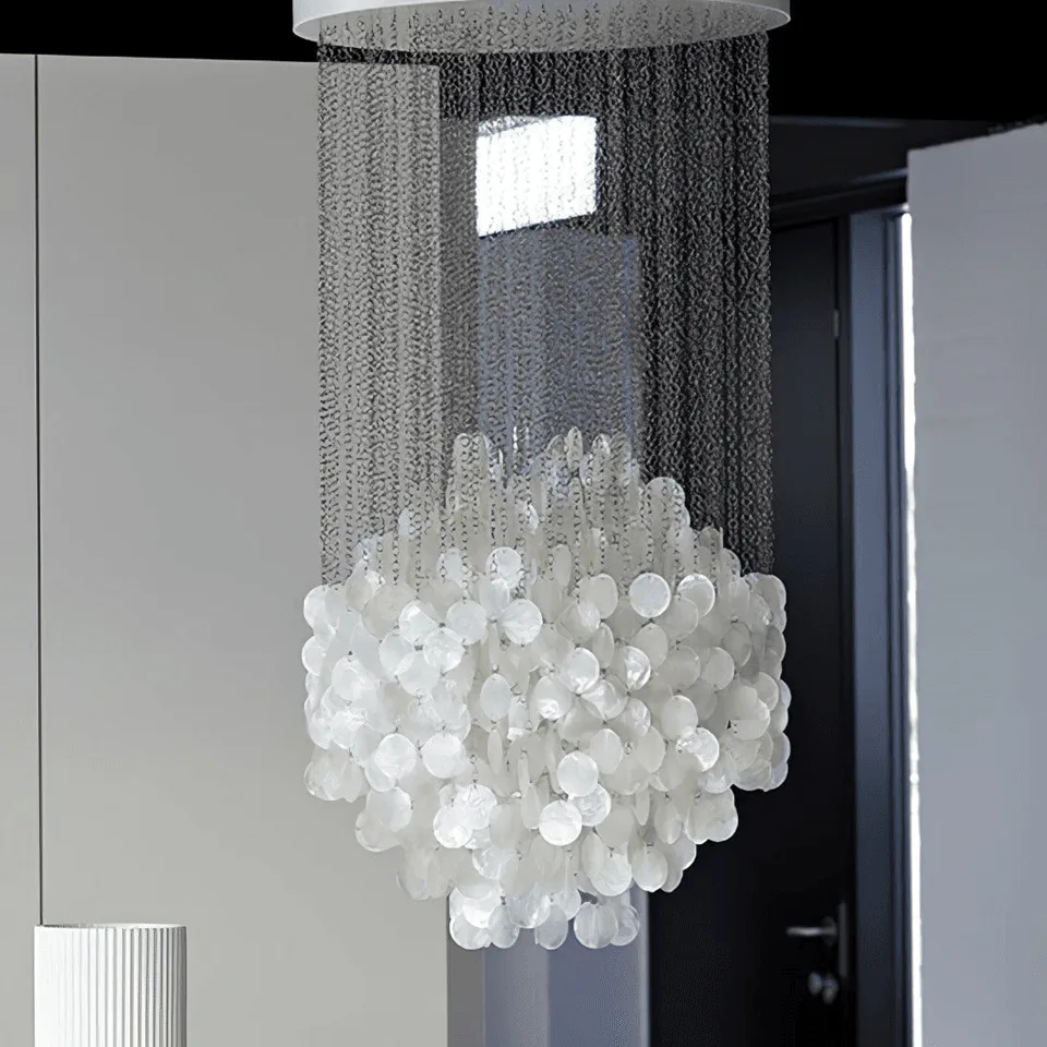 Capiz Shell Chandelier – 80 cm White Cascade of Iridescent Shells 8 Close-up of iridescent capiz shells and chrome finish on the chandelier