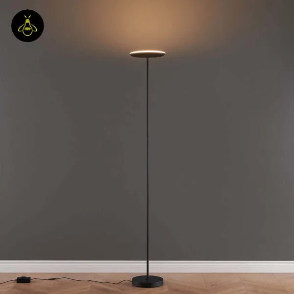 Black LED floor lamp with adjustable head shown upright on a plain background